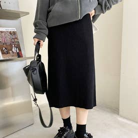 ロングスリットニットスカート レディース 10代 20代 30代 韓国ファッション 春 秋 冬 カジュアル 可愛い ボトムス 無地 リブ デート （ブラック）
