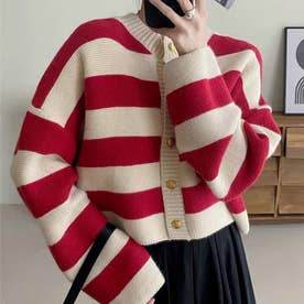 クルーネックボーダーカーディガン レディース 10代 20代 30代 韓国ファッション カジュアル 秋 冬 シンプル 上着 可愛い 羽織り 暖かい 黒 （レッド）