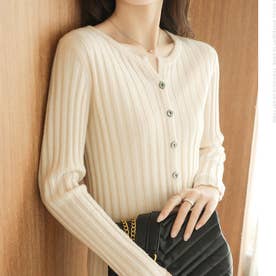 リブニットカーディガン レディース 10代 20代 30代 韓国ファッション カジュアル 秋 冬 無地 シンプル 上着 羽織り 暖かい オフィス （ホワイト）
