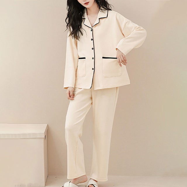 
                    バイカラールームウェアセット レディース 10代 20代 30代 韓国ファッション カジュアル かわいい 長袖 部屋着 パジャマ ウエストゴム 楽ちん （ホワイト）