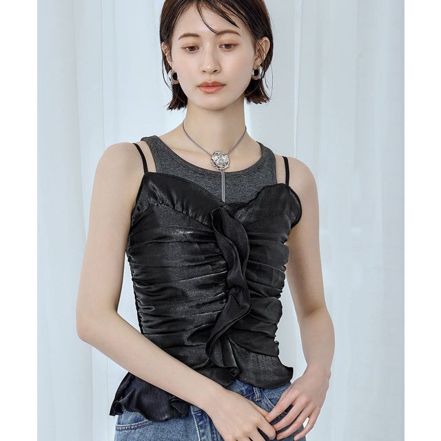 シフォンギャザーフリルキャミビスチェ（ブラック）