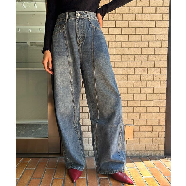 バレルレッグ ジーンズ レディース デニムパンツ レディース（ネイビー）