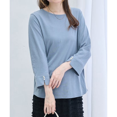 【8分袖新登場！】柔らか綿混素材パール調ボタンTシャツ （ダスティブルー 8分袖）｜詳細画像