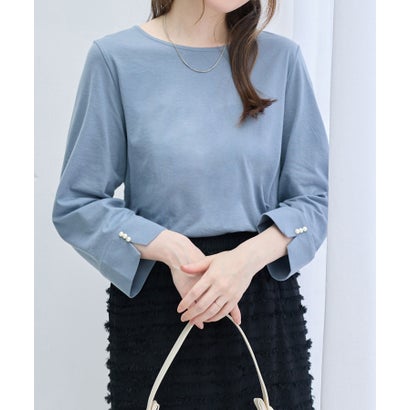 【8分袖新登場！】柔らか綿混素材パール調ボタンTシャツ （ダスティブルー 8分袖）｜詳細画像