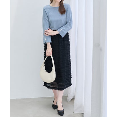 【8分袖新登場！】柔らか綿混素材パール調ボタンTシャツ （ダスティブルー 8分袖）｜詳細画像