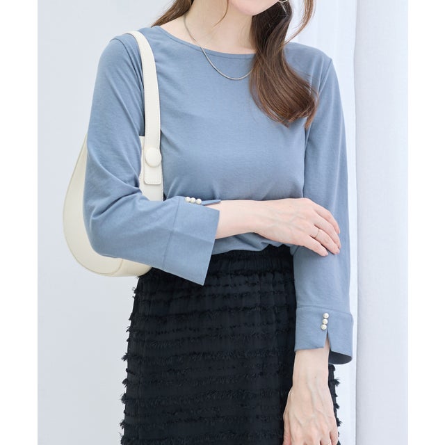 【8分袖新登場！】柔らか綿混素材パール調ボタンTシャツ （ダスティブルー 8分袖）