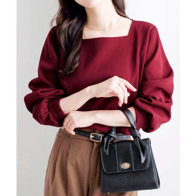 あったか裏起毛大人上品パフ袖ブラウス （ボルドー）