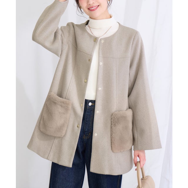 ファーポケット付き上品ノーカラーコート （ベージュ）
