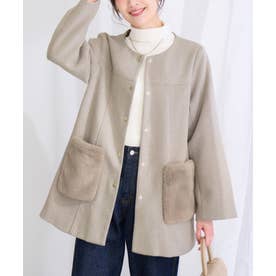 ファーポケット付き上品ノーカラーコート （ベージュ）