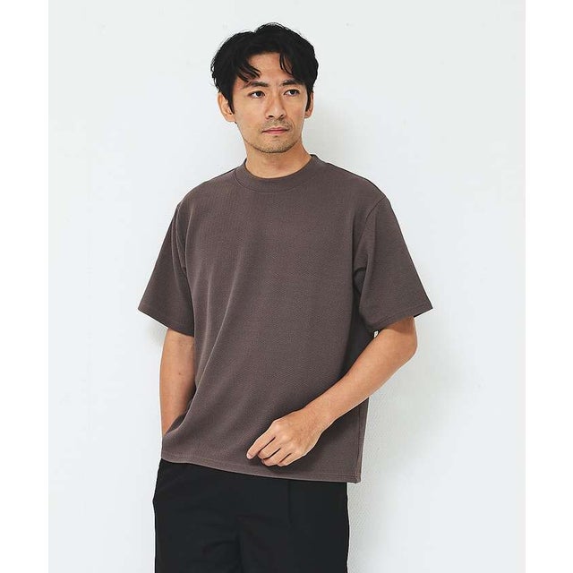 【ヘリンボーン柄】ジャガード モックネック 半袖 Tシャツ / アンサンブル対応 （ブラウン）