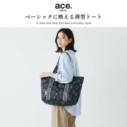 エーストーキョー ace.TOKYO 正規品5年保証 トートバッグ レディース 大きめ A4 ファスナー付き ブランド 旅行 カジュアル 横 軽量 22L 軽い 肩掛け かわいい 猫 HAyU フォールディングバッグ 17861 （ブラック柄）｜詳細画像
