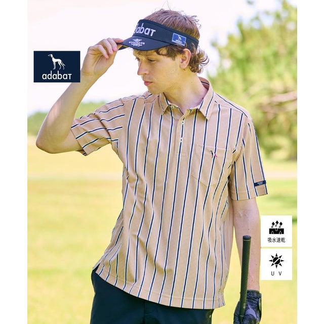 【新レーベル ADABAT NAVY】吸水速乾/UVカット ワインシャンブレーストライプポロシャツ （ライトベージュ(351)）