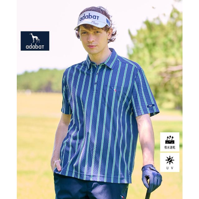 【新レーベル ADABAT NAVY】吸水速乾/UVカット ワインシャンブレーストライプポロシャツ （ネイビー(394)）