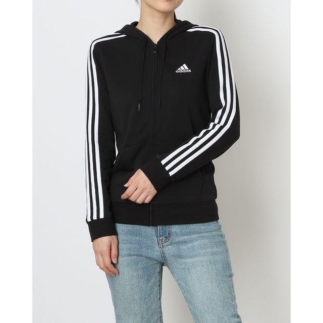 レディース スウェットフルジップ エッセンシャルズ フレンチテリー スリーストライプス フルジップ パーカー GL0792 （black/white）