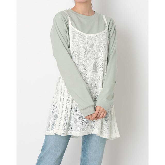 レディース 長袖Tシャツ W レースチュニックセット AP KN1068 （ヘイローグリーン）