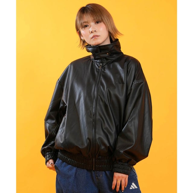 アウター レディース スタジアム フェイクレザー ルーズフィット ジャケット （BLACK）