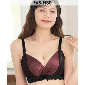 【グラマーサイズ】サテン カシュクールレース脇高ブラ(R) 単品ブラジャー (FGHカップ) （BO3-ワイン×ブラック）
