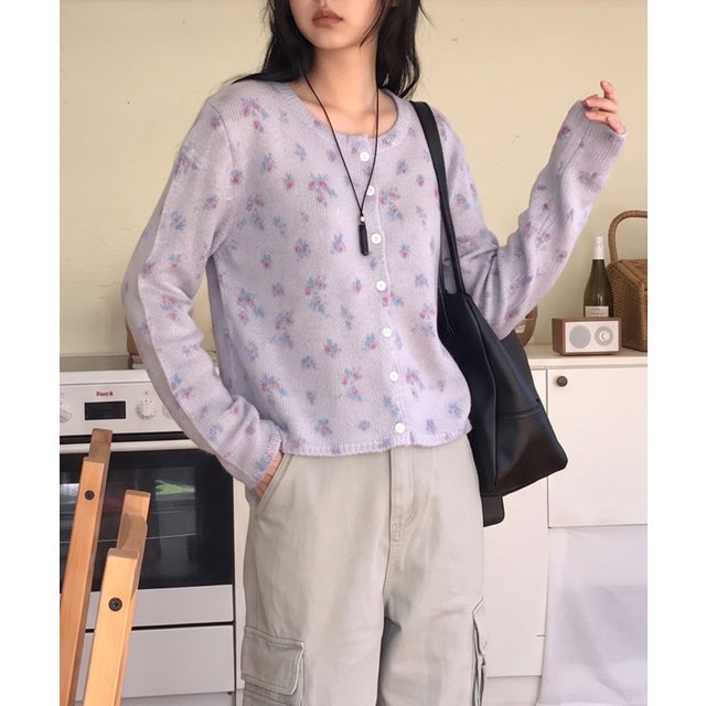 /小花柄シアーニットカーディガン （パープル）