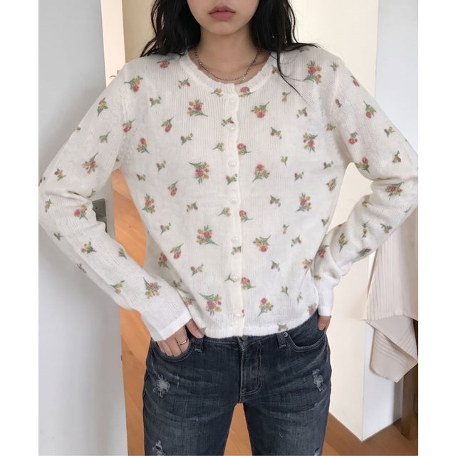 /小花柄シアーニットカーディガン （アイボリー）