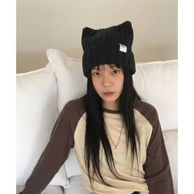 /猫耳リブニットキャップ （ブラック）