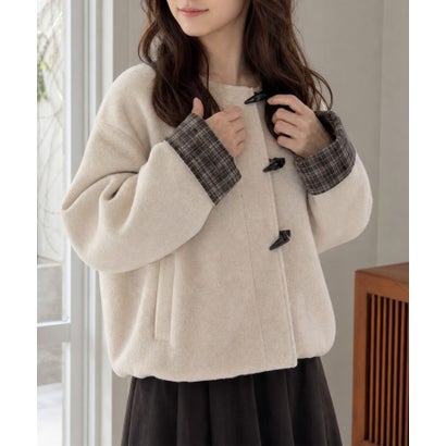 aimoha/チェック切替ノーカラーボアジャケット （アイボリー）｜詳細画像
