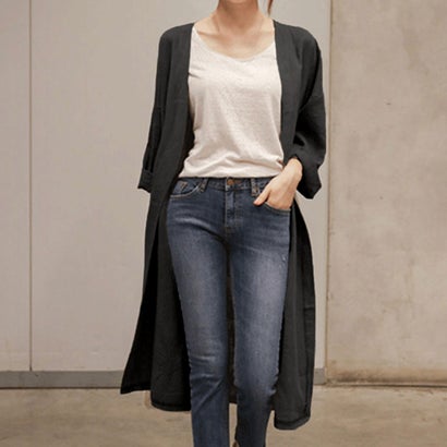 ジュノア JUNOAH 麻レーヨンロングガウンカーディガン 韓国ファッション （ブラック）｜詳細画像