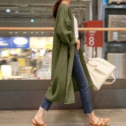 ジュノア JUNOAH 麻レーヨンロングガウンカーディガン 韓国ファッション （グリーン）｜詳細画像