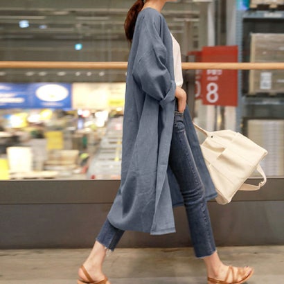 ジュノア JUNOAH 麻レーヨンロングガウンカーディガン 韓国ファッション （ブルー）｜詳細画像