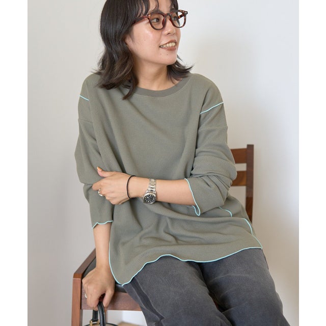 【WEB限定】ワッフル配色メロープルオーバー （カーキ）