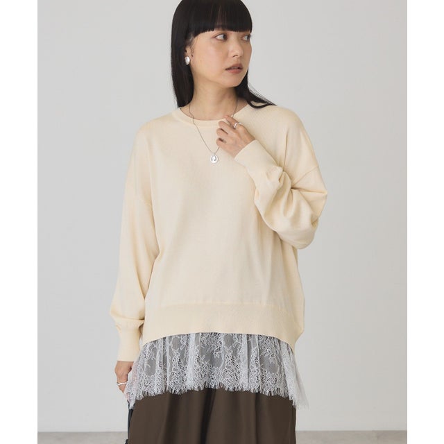 裾レースドッキングクルーネックニット （エクリュ）