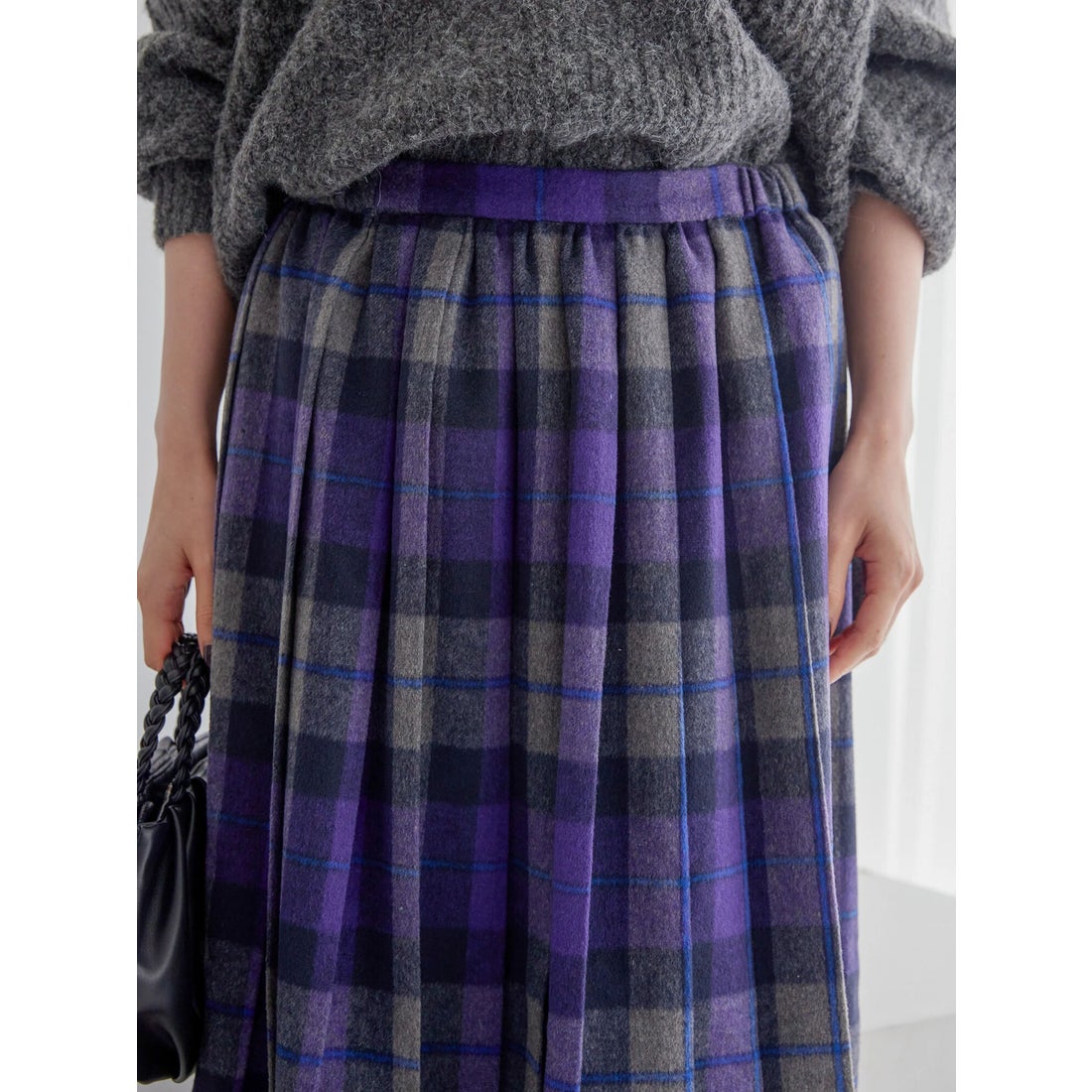 紫 チェック プリーツスカート - スカート