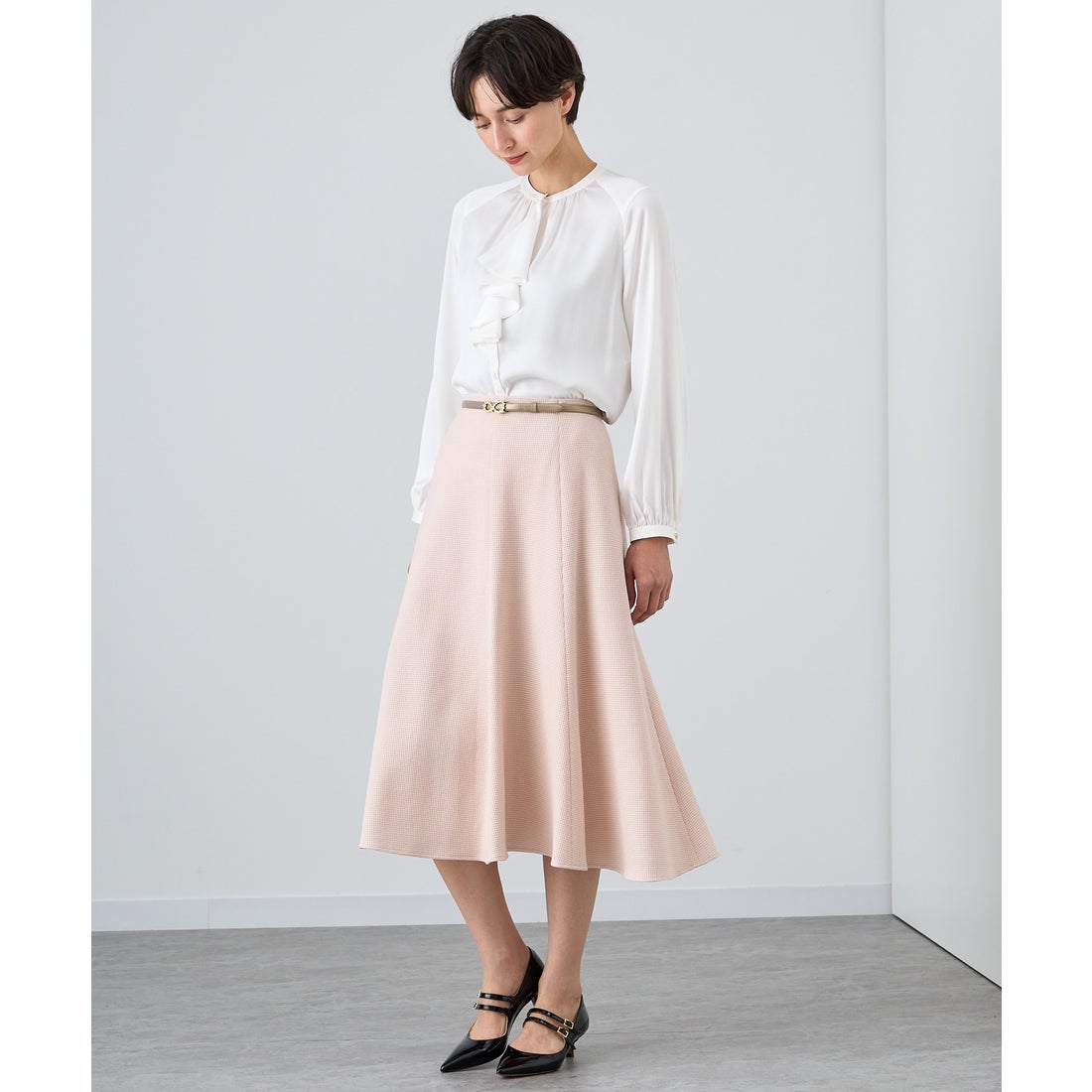 アナイ ANAYI モノトーンワッフルフレア スカート （ピンクベージュ