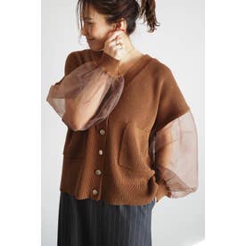 Sheer Sleeve Knit cardigan （BROWN）