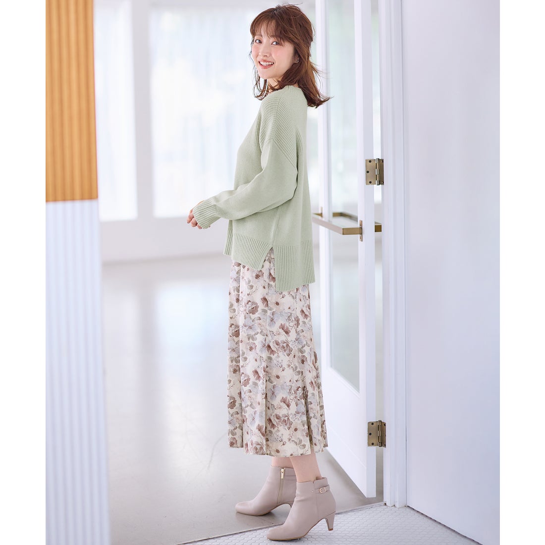 ANY SIS 【洗える】フルブルームフラワープリント スカート （モカ系