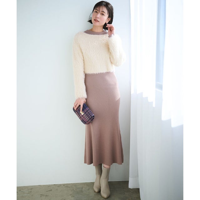 【2SET】シャギー ニット × ワンピース セット （モカピンク）