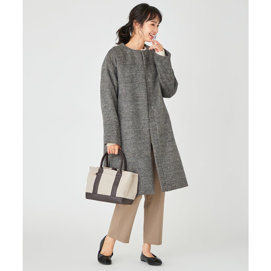 ANY カシミヤブレンドノーカラーサイドスリット コート （レッド系 