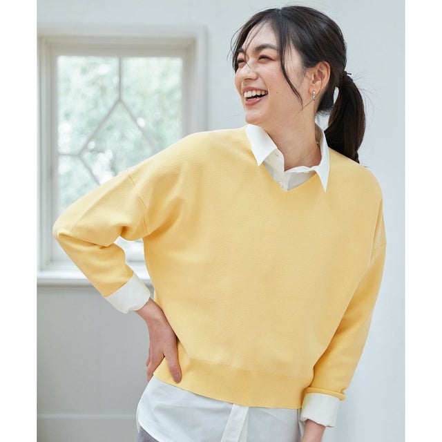 【洗濯機可/UVカット/5色展開】Vネックガーターニットプルオーバー （イエロー）