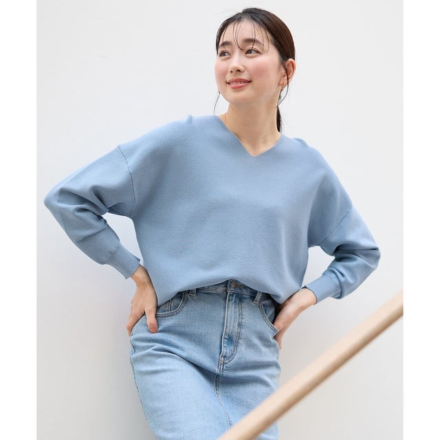 【洗濯機可/UVカット/5色展開】Vネックガーターニットプルオーバー （サックス）