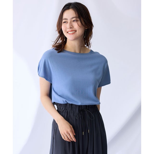 【接触冷感/UVカット/抗菌防臭/手洗い可/アンチピリング】ファンクションフレンチスリーブニット （ブルー）
