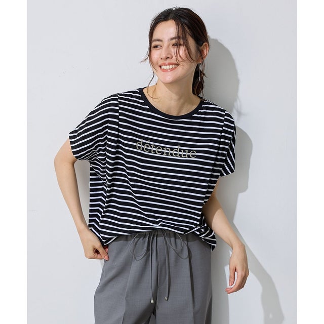 【新色追加/洗濯機可/接触冷感/UVケア】エニィファンクションフレンチスリーブTシャツ （ブラックベースボーダー(ロゴ)）
