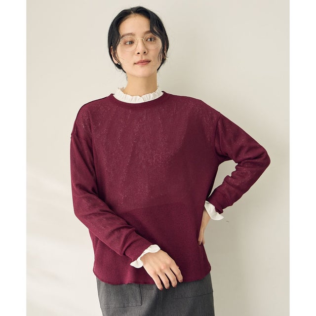【洗濯機可】シアーワッフルロングスリーブTシャツ （ワイン）