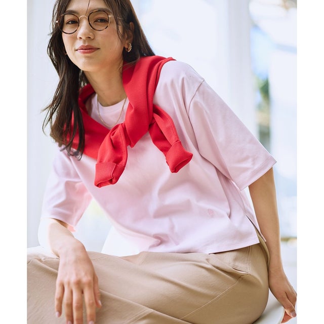 【Sサイズあり】オーガニックコットンスムース5分袖Tシャツ （ピンク）