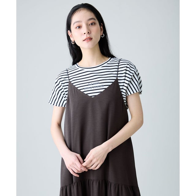 ファンクションワイドフレンチスリーブTシャツ （オフ×ブラックボーダー）