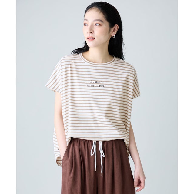 ファンクションワイドフレンチスリーブTシャツ （オフ×ベージュボーダー）