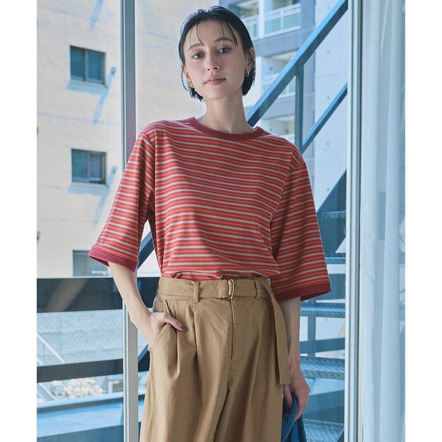 ANY 起毛ボーダーリンガーTシャツ （ベリーピンクボーダー