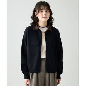 フェイクレザーカラーコンビジップブルゾン （ネイビー×ブラウン）