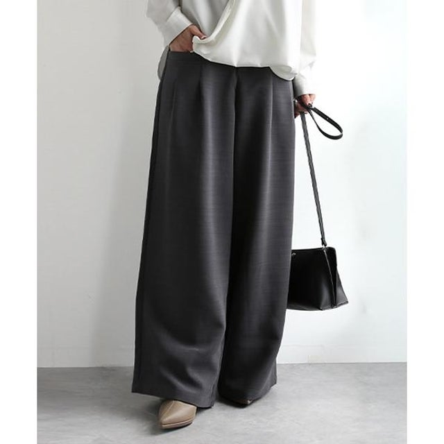 パンツ レディース ワイドパンツ タックパンツ ツイル ハイウエスト ロング丈 体型カバー ゆったり 脚長 美脚 きれいめ 大人カジュアル オフィス 通勤 セレモニー お出かけ 春 夏 秋 冬 M モ （チャコール）