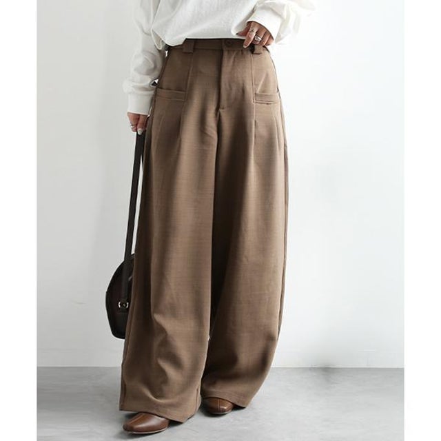 パンツ レディース ワイドパンツ タックパンツ ツイル ハイウエスト ロング丈 体型カバー ゆったり 脚長 美脚 きれいめ 大人カジュアル オフィス 通勤 セレモニー お出かけ 春 夏 秋 冬 M モ （モカ）