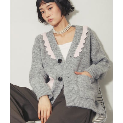 アナザーエス ANOTHER S ウールタッチ配色スカラップ＆バイカラーポケット Vネックニットカーディガン （ライトグレー）｜詳細画像