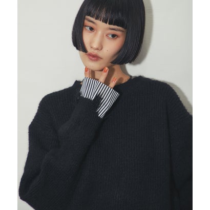 アナザーエス ANOTHER S ストライプレイヤード風 クラッシュニットプルオーバー （ブラック）｜詳細画像